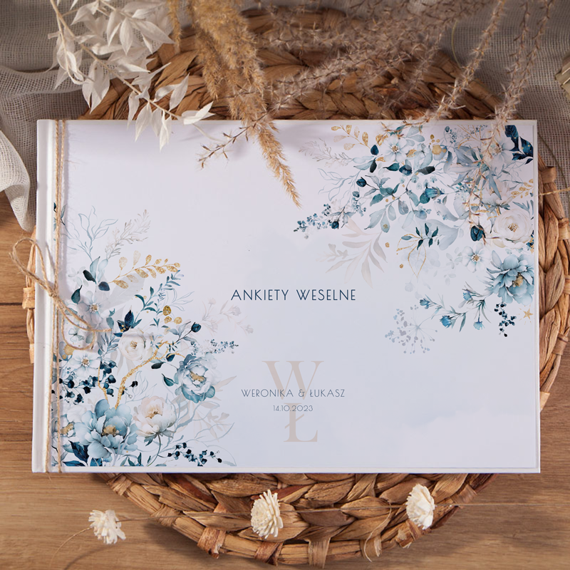 Księga gości weselnych ankiety niebieskie kwiaty